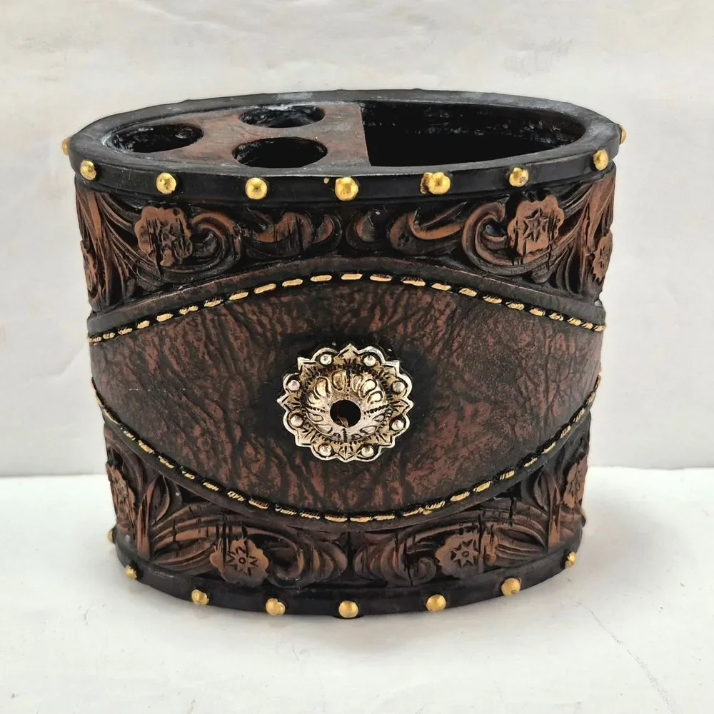 Western Horse Faux Tooled Leather Toothbrush Holder / Pen Cup
